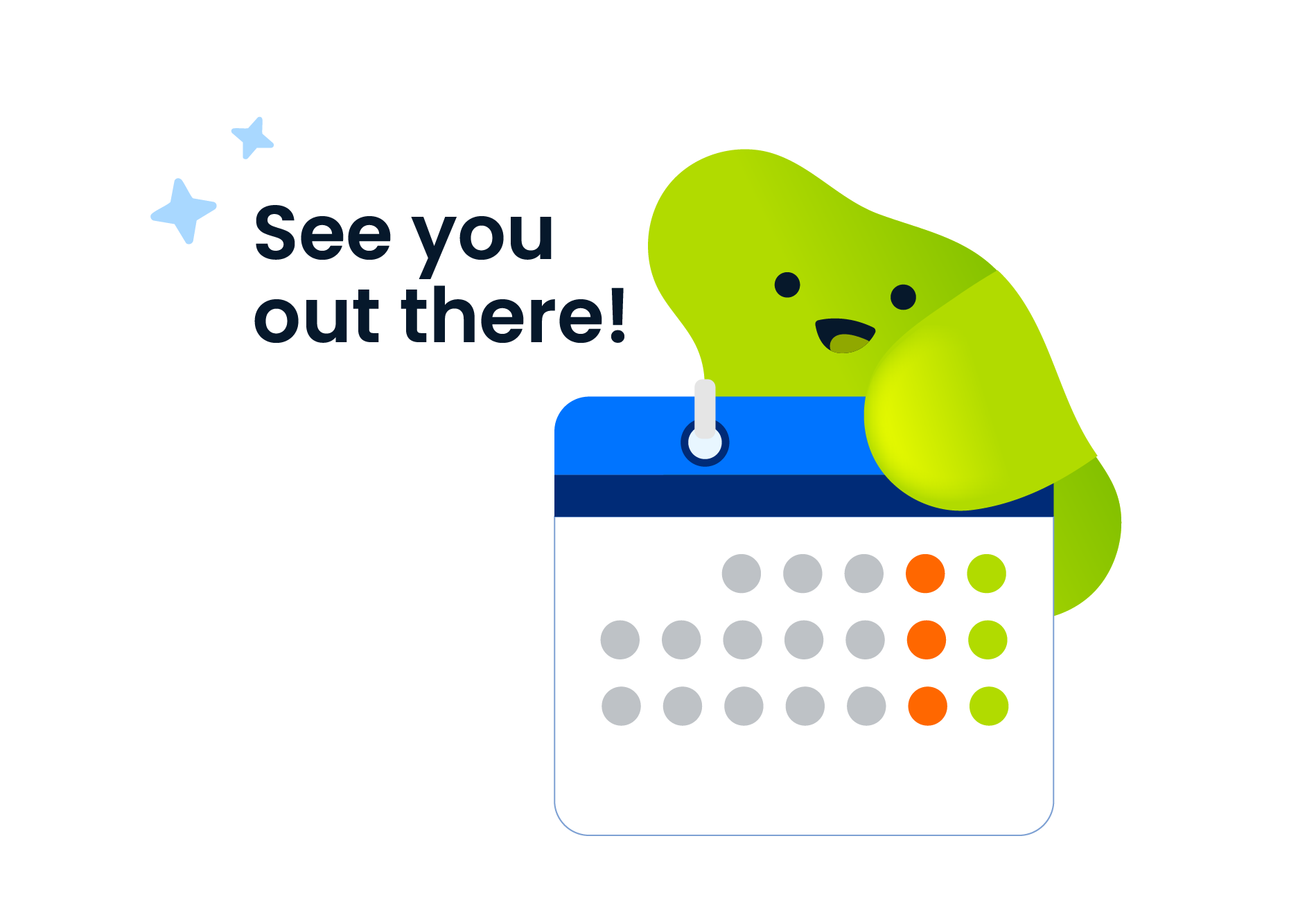 see you there graphic depicting a character holding a trade show calendar