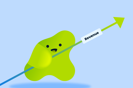 Illustration of a character pushing an upward arrow labeled ‘Revenue,’ representing revenue growth and business momentum