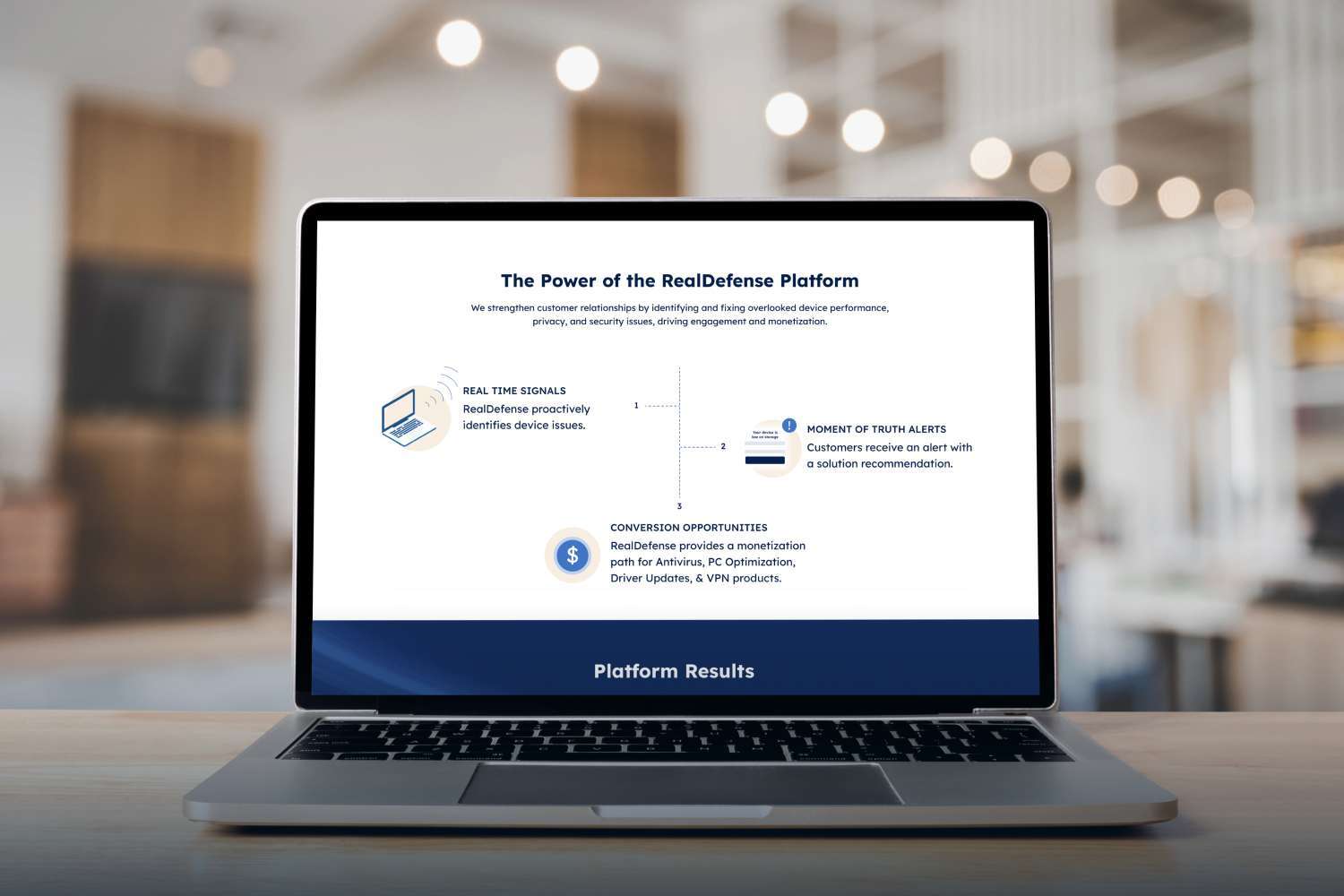 Laptop screen showing RealDefense’s security platform for protecting consumer and business devices