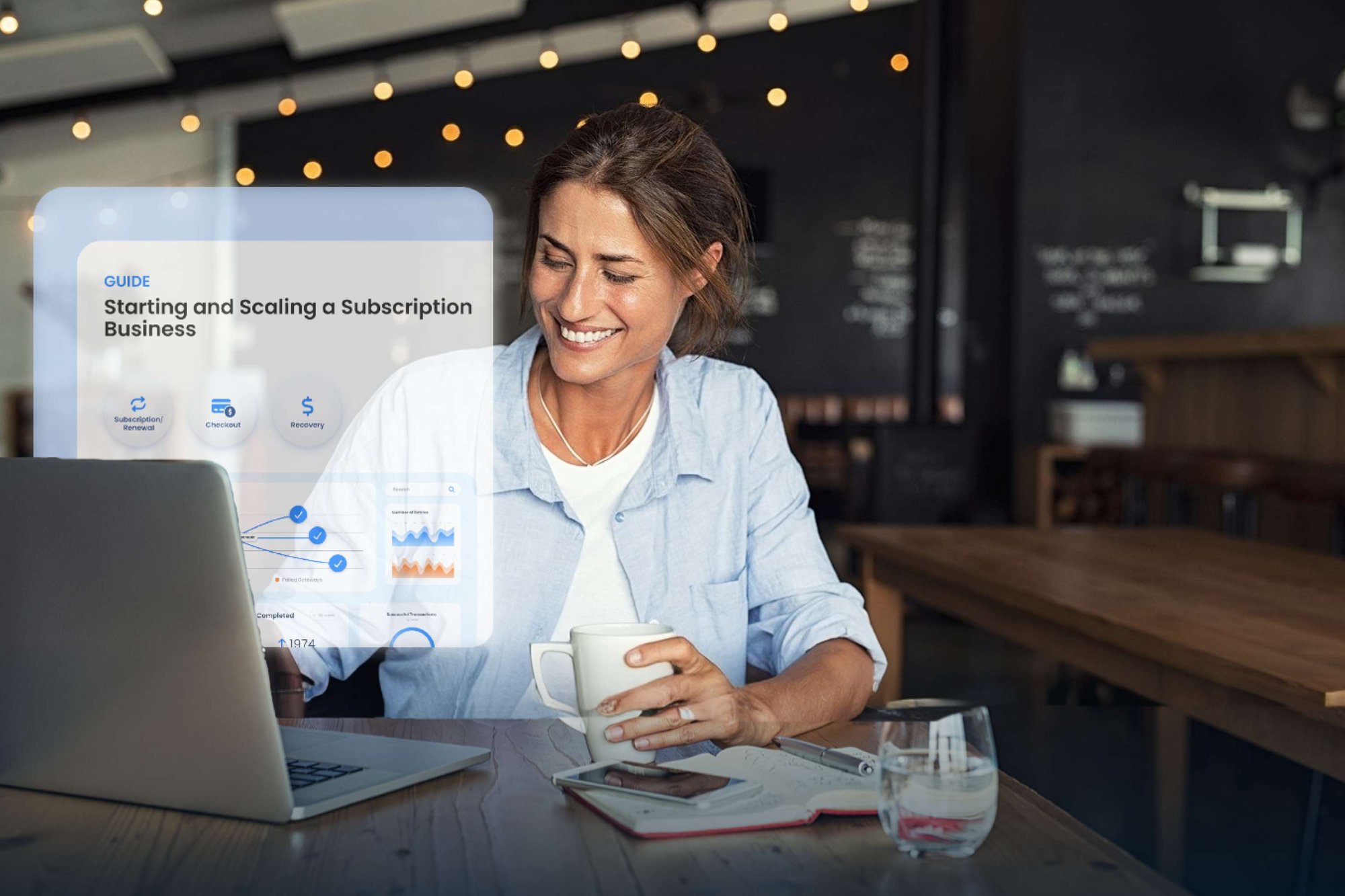 Smiling woman working on a laptop at a café table while holding a coffee mug, with a translucent overlay showing a subscription guide