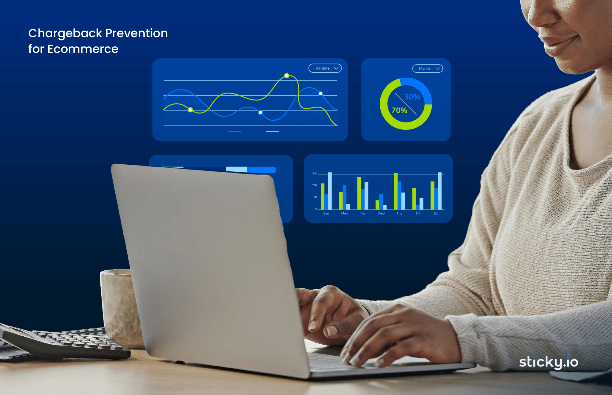 Person working on a laptop with analytics dashboards displayed behind them, promoting a guide on chargeback prevention for ecommerce