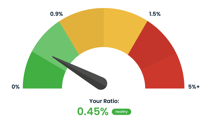 Gauge chart displaying a healthy chargeback ratio of 0.45%, with risk thresholds marked at 0.9%, 1.5%, and 5%+