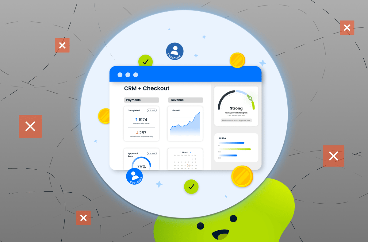 Illustration of a unified CRM and checkout dashboard surrounded by approval checkmarks and revenue coins, shielding high-risk payments from declines and failed transactions.