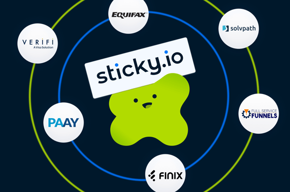 Sticky.io logo centered within circular partner ecosystem rings, surrounded by partner logos including Verifi, Equifax, Solvpath, PAAY, Finix, and Full Service Funnels.