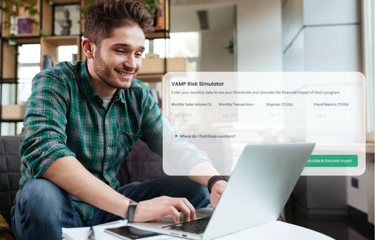 Performance marketer using a laptop to simulate payment risk and financial impact