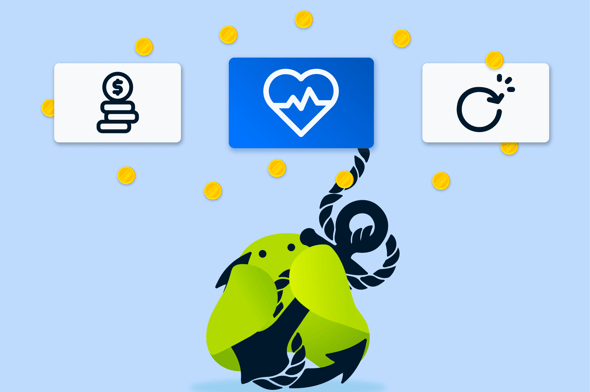 Illustration of Kyo anchoring a subscription flow, with icons for billins cycles, subscriptions, and renewals connected above