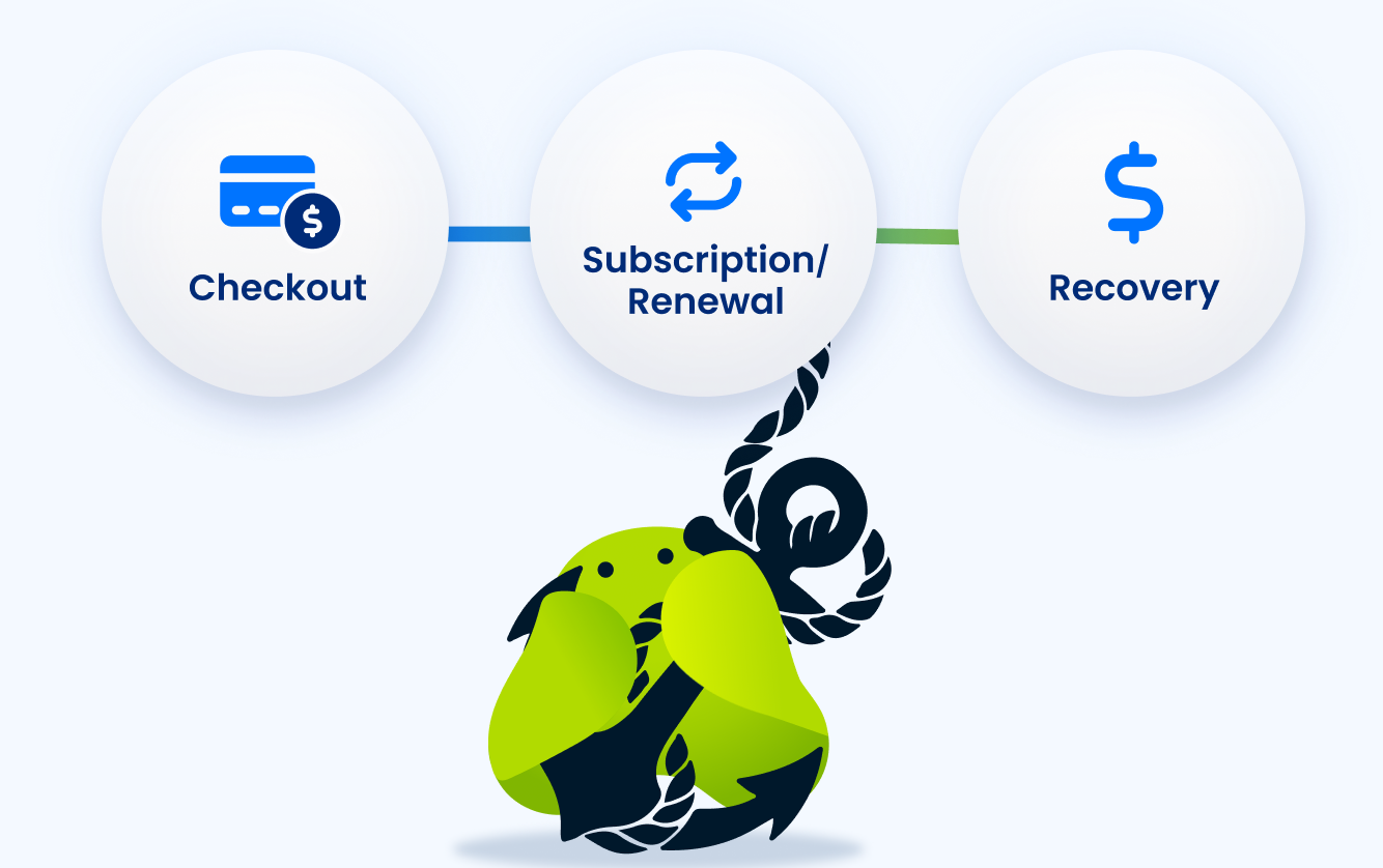 Illustration of checkout flowing to subscription renewal to recpvery with Kyo anchoring the flow
