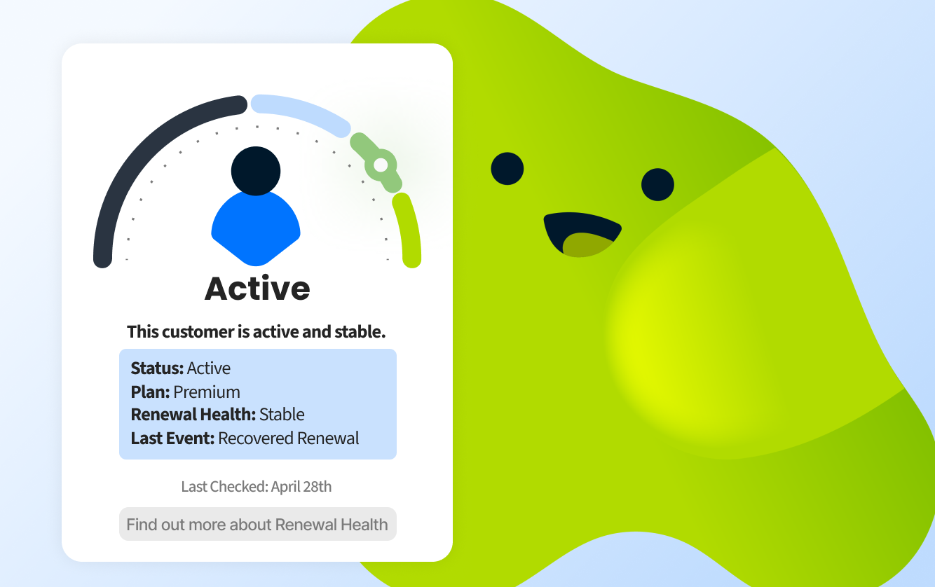 Customer profile card labeled Active with status details including premium plan, stable renewal health, and recovered renewal event.