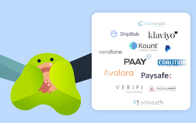 integration logos displayed alongside Sticky.io mascot, representing the broader commerce and payments ecosystem