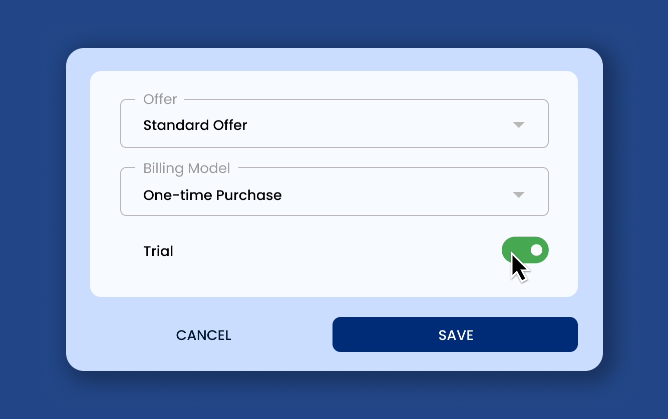 Checkout offer settings with flexible billing options and an optional trial enabled