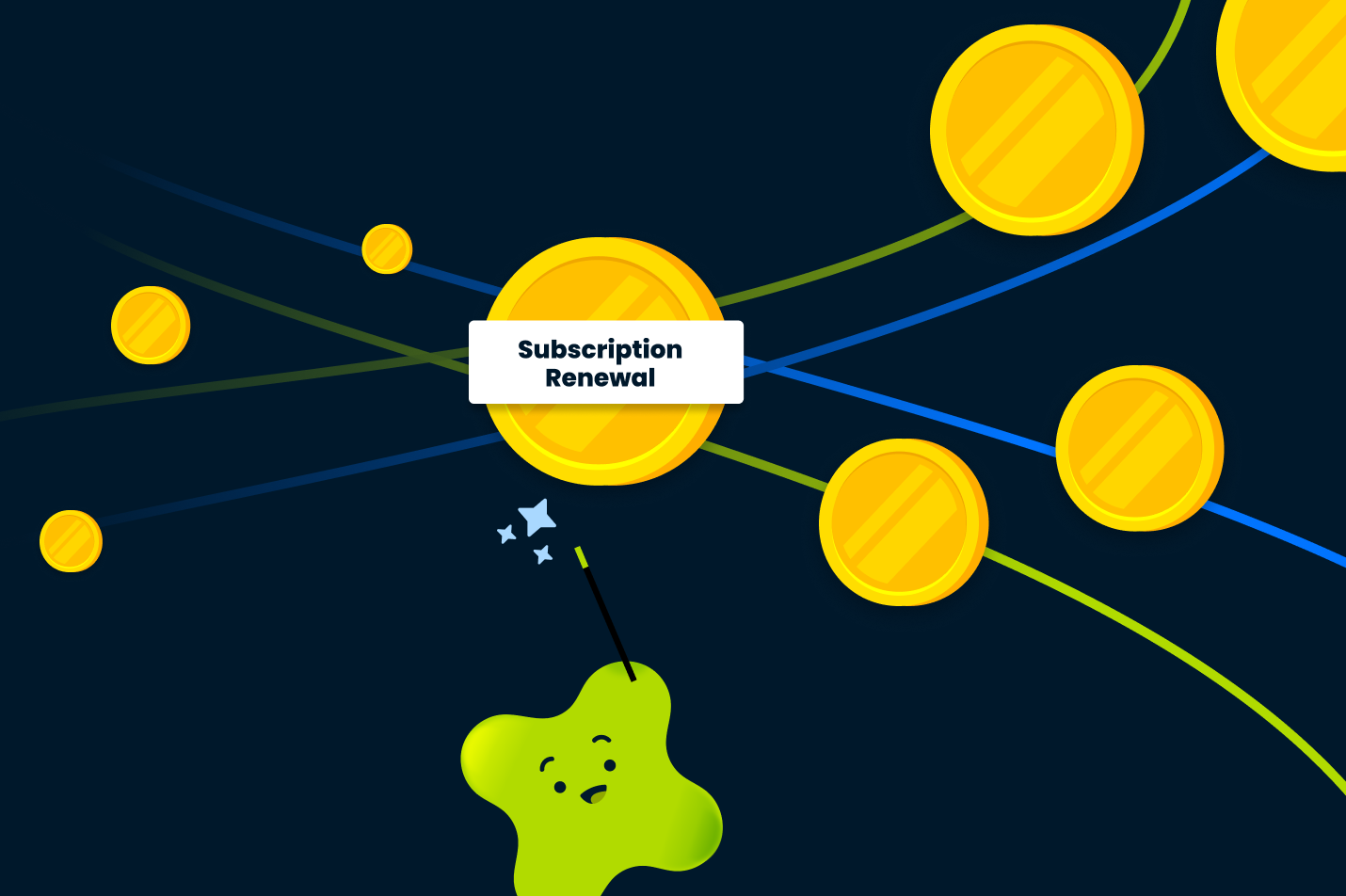 Illustration of coins moving along intersecting paths toward a highlighted ‘Subscription Renewal,’ symbolizing recurring revenue growth and successful renewals