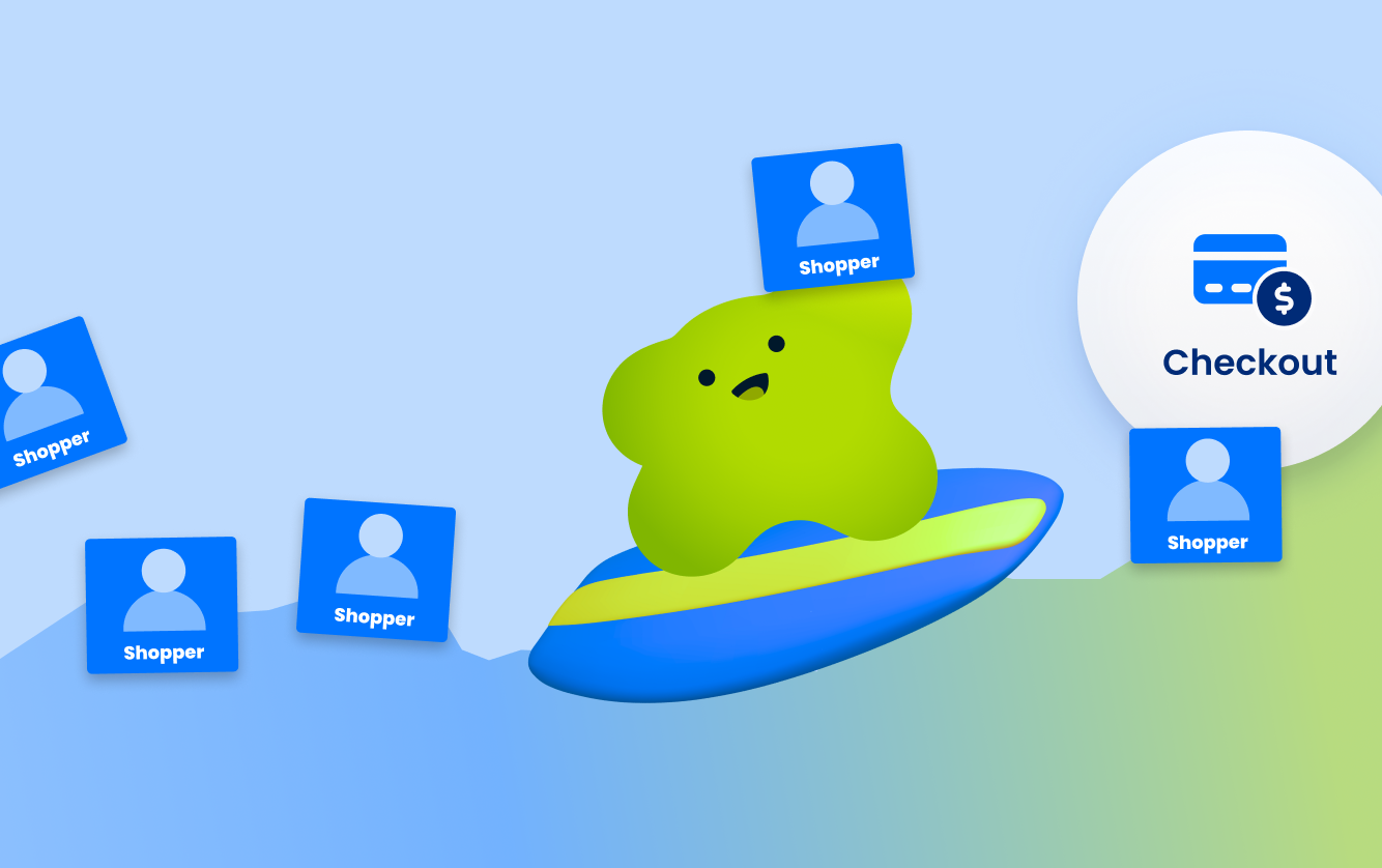 Green Sticky.io character surfing on a blue board while surrounded by shopper icons, moving toward a checkout symbol, representing guiding customers smoothly to purchase.