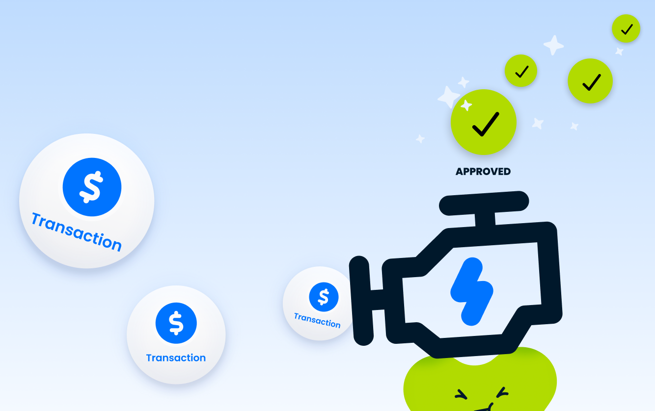 Illustration of multiple transaction icons flowing into a central processing engine, resulting in green approved checkmarks, symbolizing successful payment authorization and high approval rates.