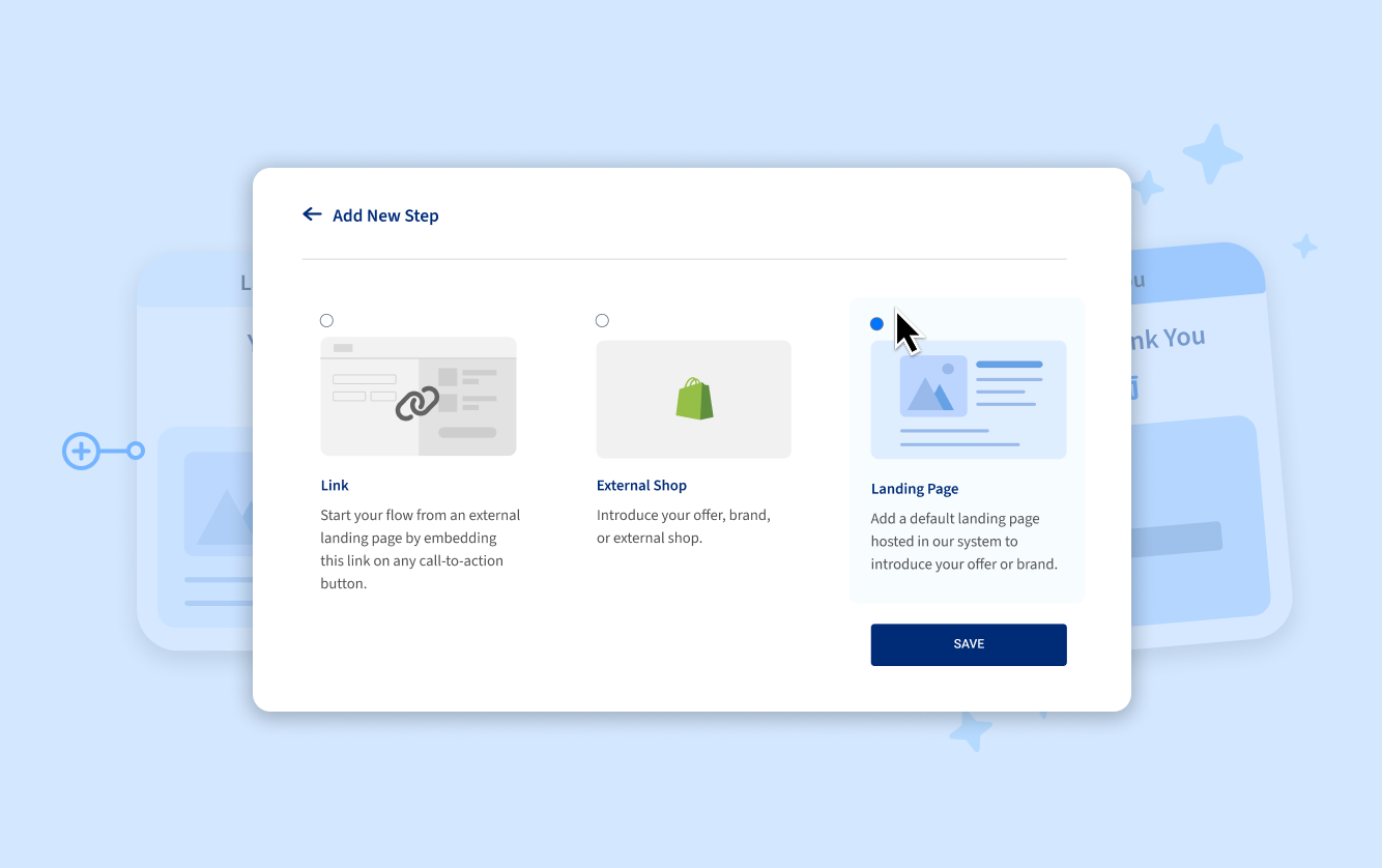 Modal window titled “Add New Step” with options for Link, External Shop, and Landing Page, highlighting the Landing Page selection with a save button below.