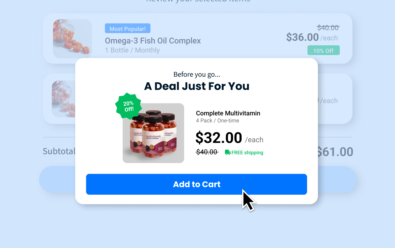 Checkout upsell pop-up offering a discounted multivitamin bundle with 20% off, free shipping, and a prominent “Add to Cart” button.