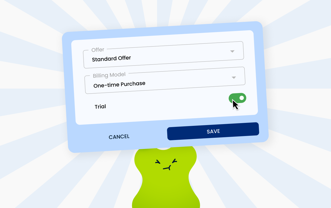 Offer configuration screen showing a standard offer, one-time purchase billing model, trial toggle enabled, and save and cancel buttons.