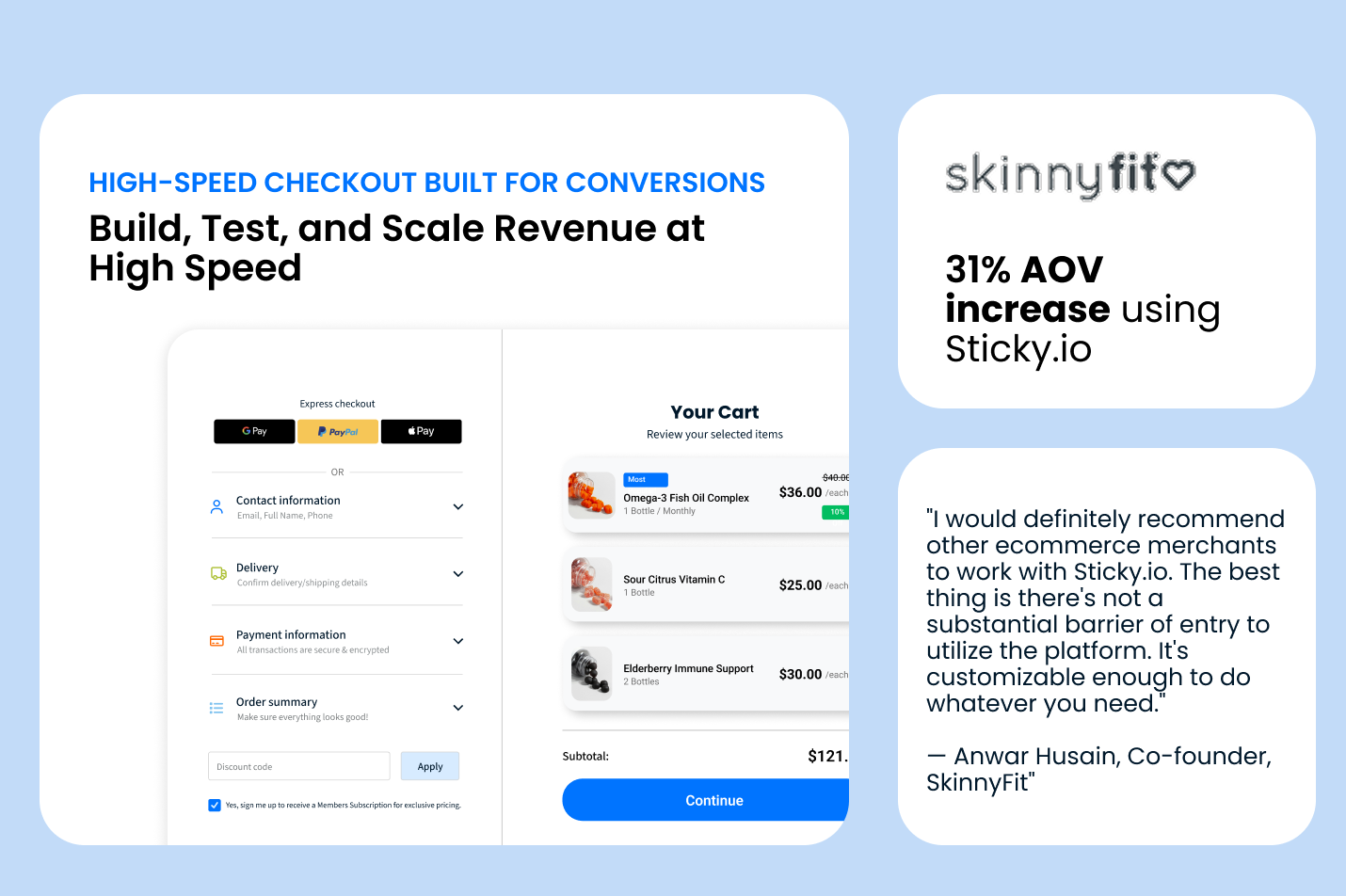 Checkout interface with express pay options and cart view alongside SkinnyFit case study highlighting 31% AOV increase.