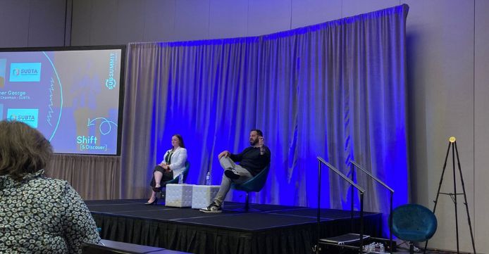 SubSummit co-founder Chris Georga discussing subscriptions on stage