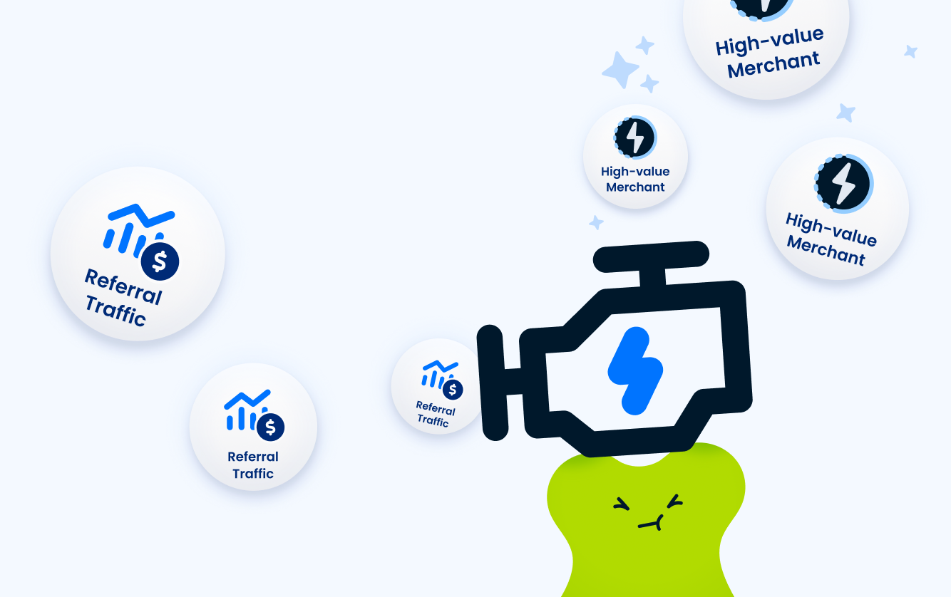 Illustration of referral traffic and high-value merchant icons surrounding a performance engine symbol, representing affiliate-driven growth and premium merchant acquisition