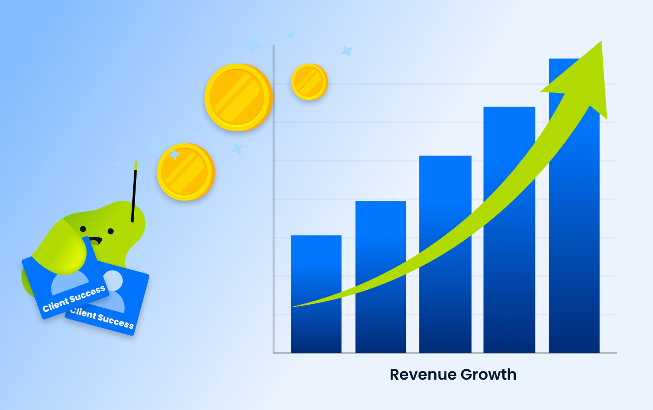 Green Sticky.io character holding “Client Success” badges beside an upward bar chart labeled Revenue Growth with rising arrow and gold coins.