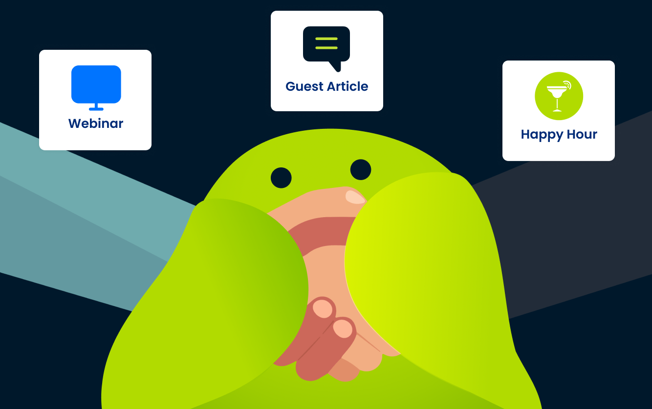 Sticky.io character shaking hands beneath icons labeled Webinar, Guest Article, and Happy Hour, representing partnership co-marketing opportunities.
