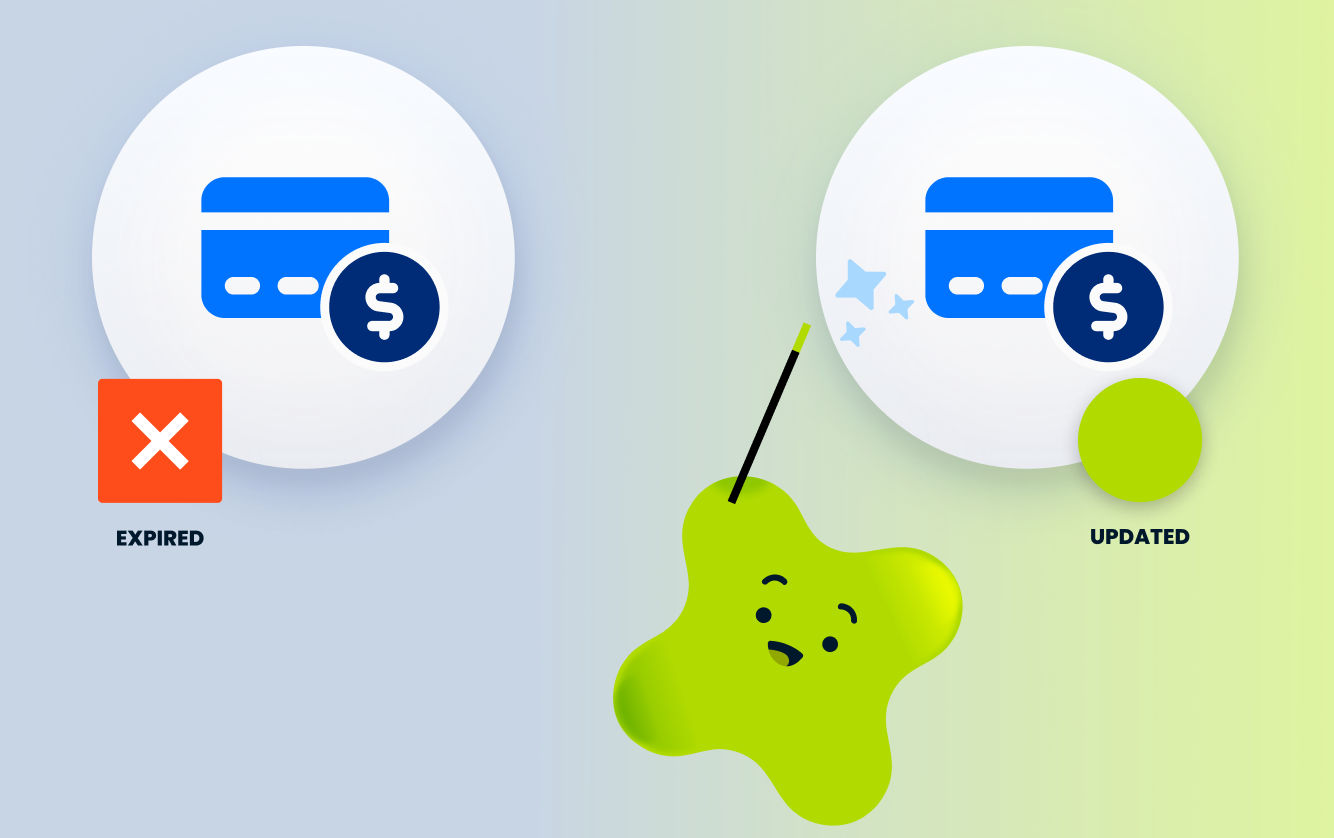 Illustration showing an expired credit card labeled “Expired” with a red X on the left, and an updated credit card labeled “Updated” on the right