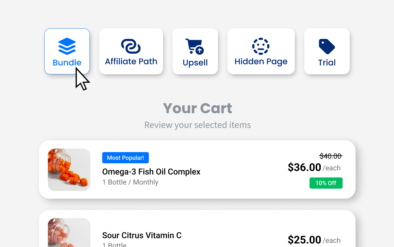 Checkout offer builder with bundled products and cart preview