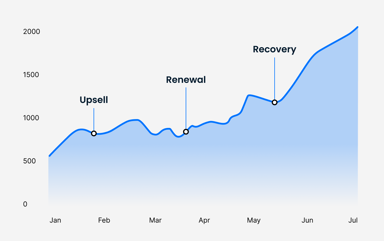 Revenue growth chart highlighting upsell, renewal, and recovery impact