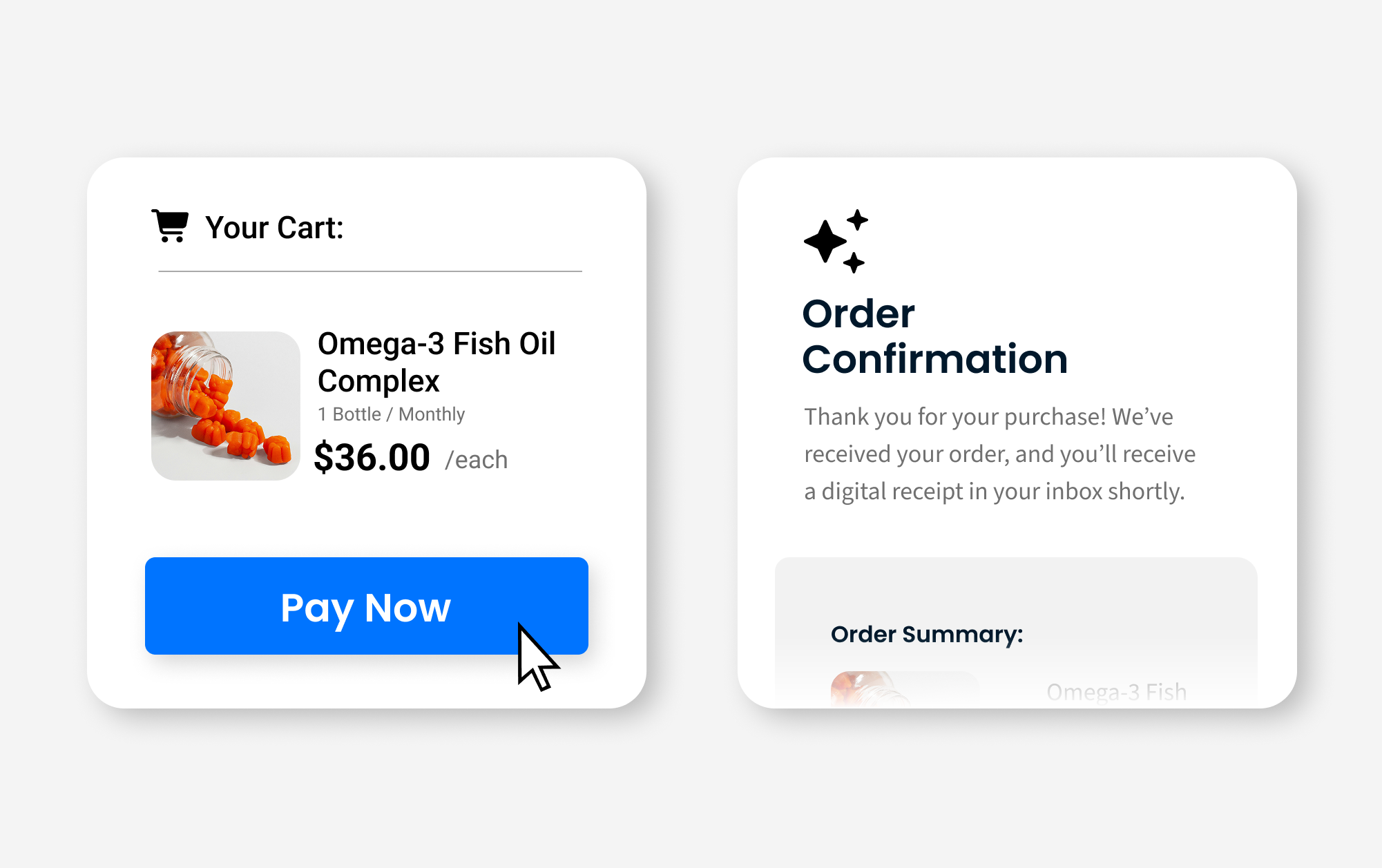 Sticky.io checkout showing cart and order confirmation