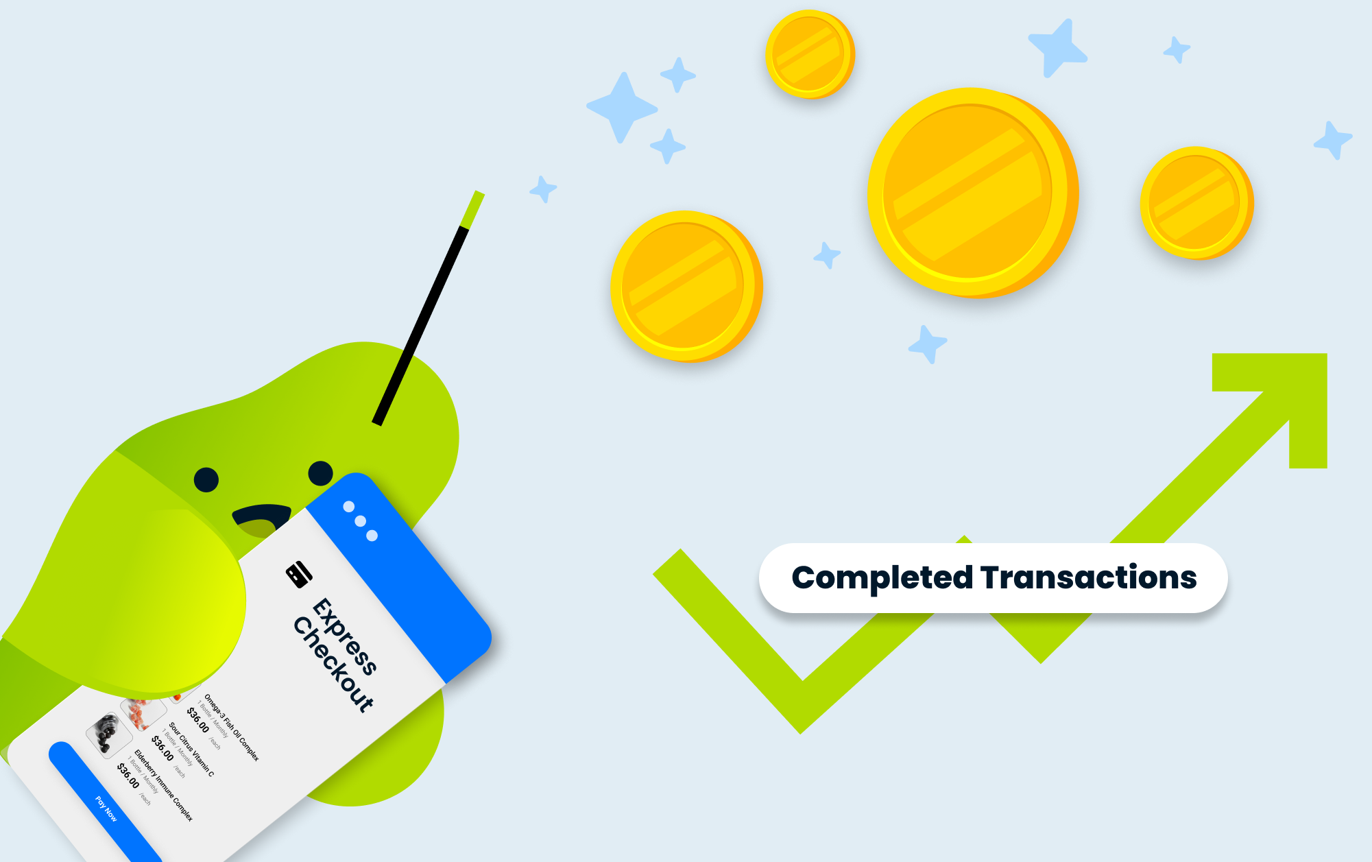 Express checkout illustration with coins and completed transactions trend.