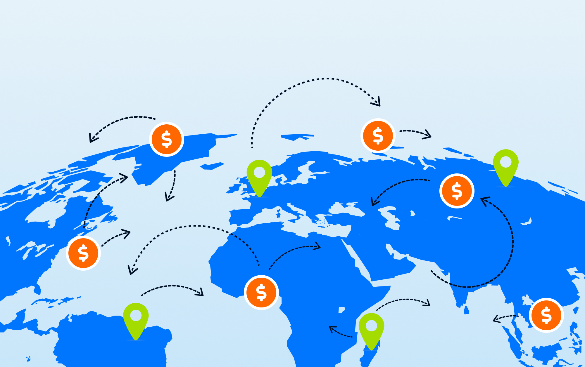 Global map illustrating international payment routing across regions