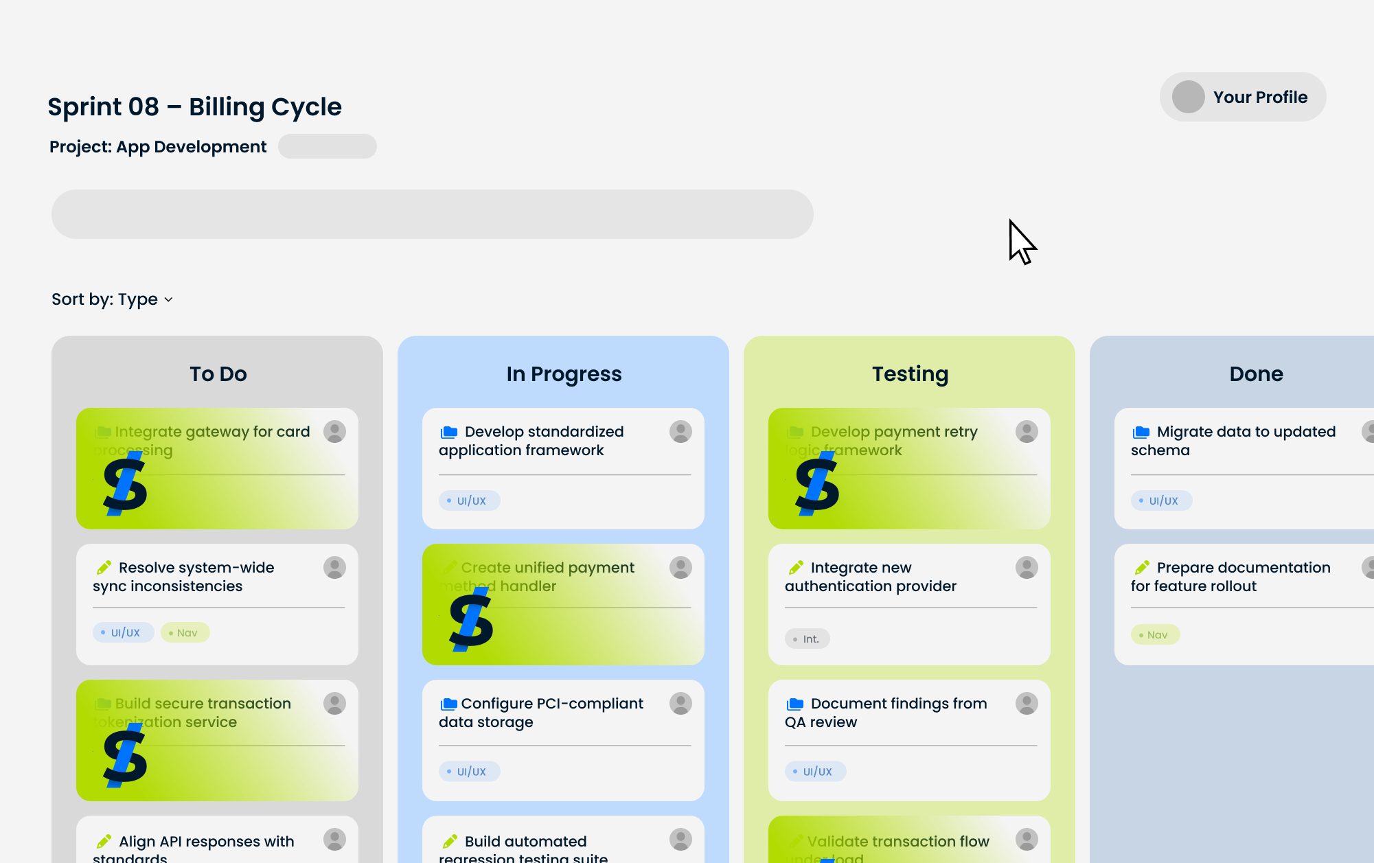 Project sprint view organizing billing-related tasks