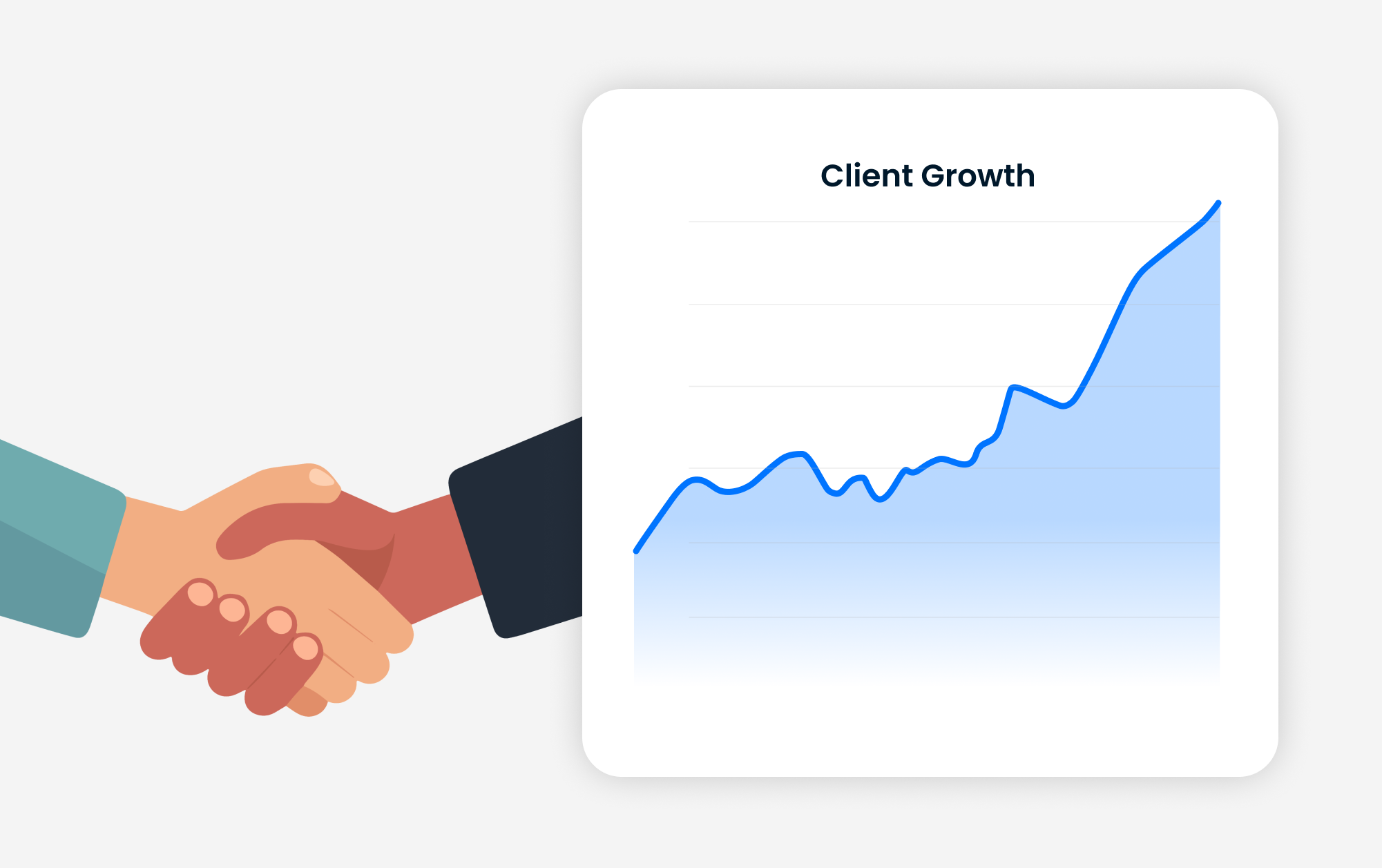 Visual showing partnership alongside client growth over time using a handshake and a chart