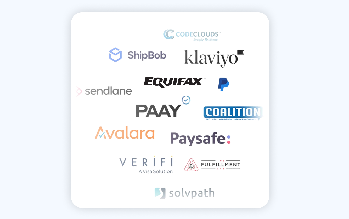 Grid of technology and service partner logos including CodeClouds, ShipBob, Klaviyo, Kount, PayPal, Avalara, Paysafe, Verifi, and others, representing sticky.io integrations