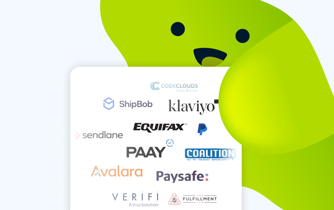 Grid of technology and service partner logos including CodeClouds, ShipBob, Klaviyo, Kount, PayPal, Avalara, Paysafe, Verifi, and others, representing sticky.io integrations