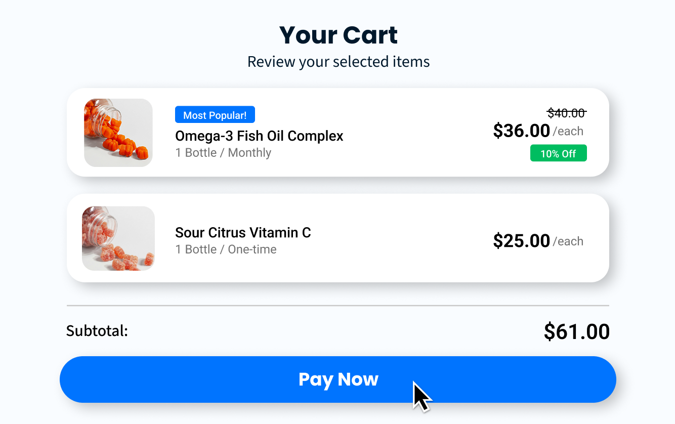 Checkout cart interface displaying selected items, pricing, subtotal, and primary payment button