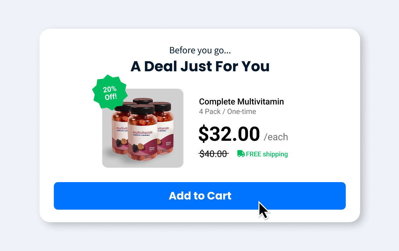 Upsell popup displaying product image, discounted price, and add-to-cart button